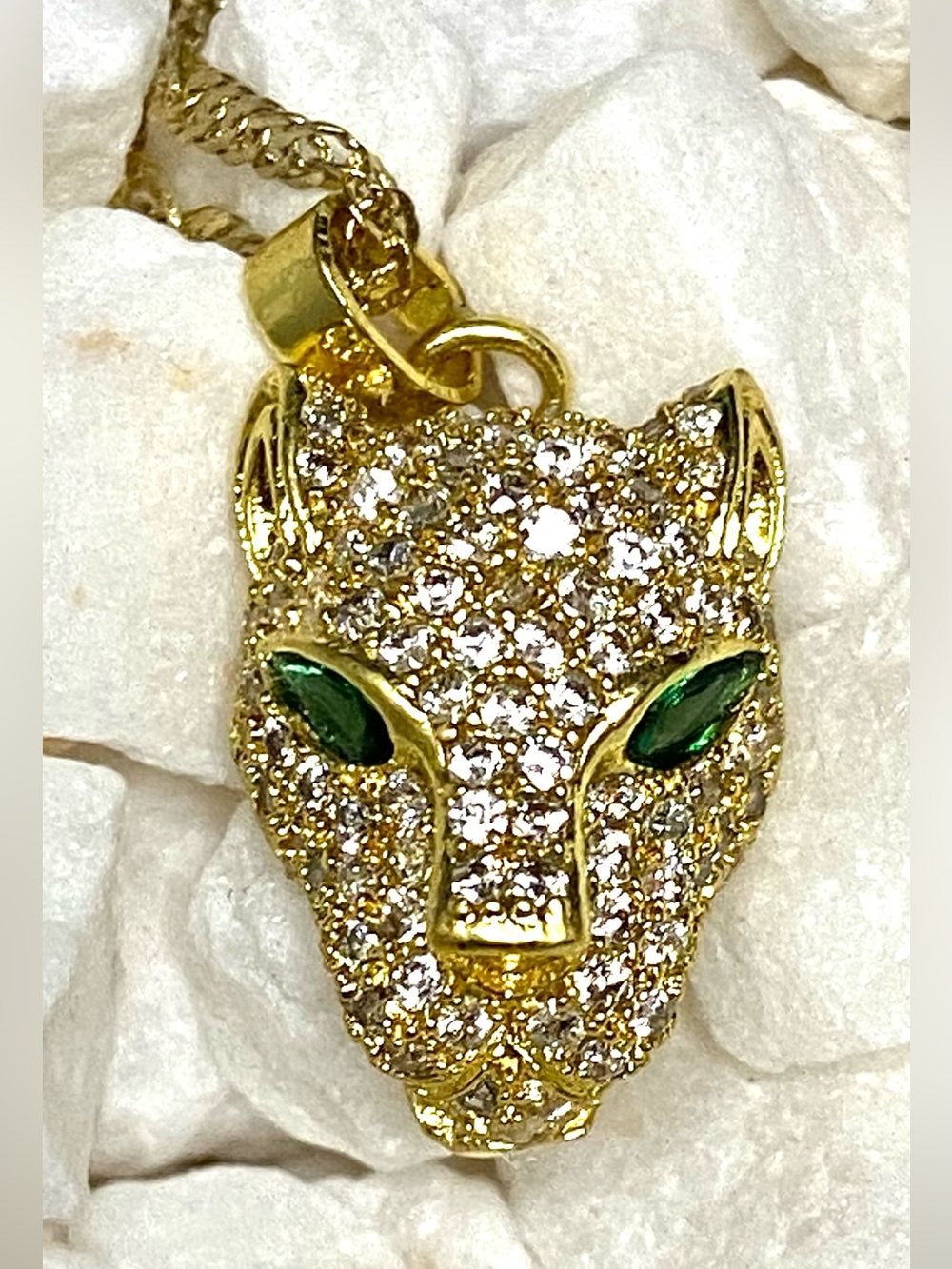 Gold tone  Panther Head Pendant Necklace with Green Eyes